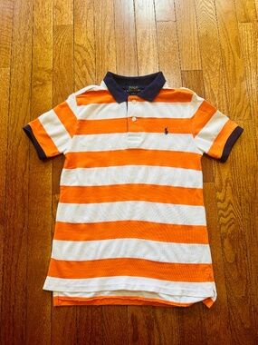 Polo Ralph Lauren Boys Orange White Striped Polo Shirt Nay Collar Size 6
